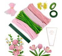 Lot de 400 cure-pipes pour le bricolage - 4 couleurs - Avec bâtons de fleurs verts, rouleaux de ruban adhésif, bâtons de colle, emballages de bouquet, rubans, étamines - Rose