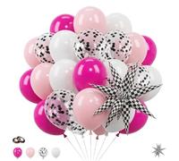 Lot de 41 ballons d'anniversaire rapides pour filles, kit de ballons sur le thème de la voiture de course avec rose poudré, rose, confettis noirs et ballons blancs, ballons en aluminium à carreaux