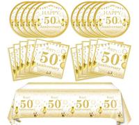 Lot de 41 décorations jetables pour 50e anniversaire de mariage - Blanc et doré - Vaisselle jetable avec assiettes, serviettes, nappes, pour homme et femme