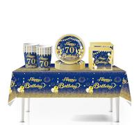 Lot de 41 nappes en plastique pour fête d'anniversaire 70 ans - Assiettes en carton - Gobelets et serviettes de table jetables pour homme et femme - Bleu marine et doré