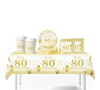 Lot de 41 nappes en plastique pour fête d'anniversaire de 80 ans - Assiettes en carton de 17,8 cm, tasses, serviettes pour homme et femme - Décorations de table jetables pour fête d'anniversaire de 80