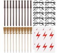 Lot de 42 accessoires de fête magiciens : 10 crayons à baguette magique + 10 balais de sorcière + 10 cadres ronds sans verres + 12 tatouages flash, convient pour les fêtes à thème magique