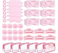Lot de 42 Accessoires de Soirée Spa pour Filles, 6 Bandeaux Spa Roses, 6 Masques de Nuit en Peluche, 6 Trousse Cosmétique, 12 Bracelets, 6 Chouchous Velours, 6 Pinces à Cheveux pour Party et Noël