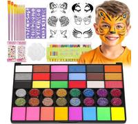 Lot de 42 couleurs de maquillage pour enfant avec 10 pinceaux - Peinture pour le visage - Kit de maquillage de théâtre avec 16 crayons de cire - Pochoir autocollant - Peinture pour le visage - Kit de