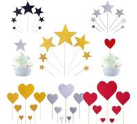 Lot de 42 décorations d'anniversaire, 3 couleurs, cœurs et étoiles, décoration de muffin, décoration de gâteau Happy Birthday, pour fête d'anniversaire, cocktails, mariages, anniversaires d'enfants