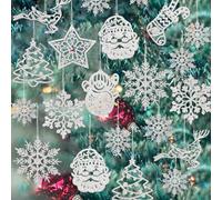 Lot de 42 décorations de sapin de Noël à suspendre, chaussettes blanches à paillettes, bonhomme de neige, renne, Père Noël, flocons de neige, décorations à suspendre pour sapin de Noël