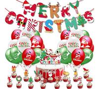 Lot de 43 décorations de fête de Noël, bonhomme de neige, Père Noël, 1 bannière « Merry Christmas », 24 ballons rouges et verts, 2 rubans et 16 décorations de cupcakes pour décoration intérieure