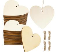 Lot de 44 cœurs en bois de 10 x 10 cm avec ficelle de jute - Décoration avec trou pour bricolage - Cœur en bois pour écrire sur livre d'or, étiquettes cadeaux, bricolage