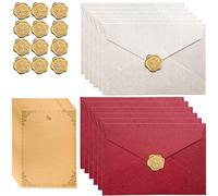 Lot de 44 feuilles de papier à lettre vintage et enveloppes avec 12 sceaux de cire, 12 enveloppes A5 de qualité supérieure, 20 feuilles de papier à lettre A5 pour invitations de mariage et cartes de