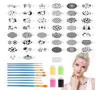 Lot de 44 pochoirs de maquillage pour enfants réutilisables avec 5 éponges à doigts et 10 pinceaux de peinture pour enfants, adultes, Halloween, carnaval, fête