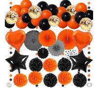 Lot de 44 pompons décoratifs pour Halloween - Orange et noir | Décoration de fête d'anniversaire - Ballons à suspendre - Guirlande d'éventails pour Halloween