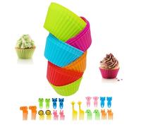 Lot de 44 séparateurs en silicone pour boîte à déjeuner, comprend 24 moules de cuisson ronds en silicone réutilisables et 20 pics à nourriture pour animaux mignons, moules à muffins et cupcakes