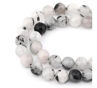 Lot de 45 perles d'espacement rondes naturelles véritables en vrac pour la fabrication de bijoux, 39,4 cm par fil de 8 mm (quartz tourmaline noir, 8 mm)