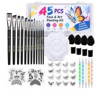 Lot de 45 pinceaux professionnels pour peinture du visage avec pochoirs, éponges, outils de pointillage et étui de rangement. Idéal pour l'art corporel, acrylique, huile, aquarelle, Halloween, cosplay