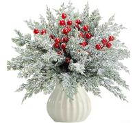 Lot de 45 tiges de pin artificielles en polyéthylène floqué dans la neige | Texture floquée de neige réaliste, vive pour les baies rouges, tiges de pin de 25,4 cm, parfaites pour les couronnes et les