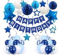 Lot de 46 décorations d'anniversaire bleues pour garçons, bannière d'anniversaire bleue et ballons pour garçons, hommes avec boules en nid d'abeille, ballons en forme d'étoile en aluminium