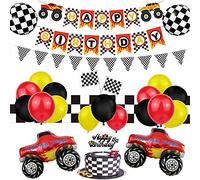 Lot de 48 ballons multicolores en forme de camion monstre pour fête d'anniversaire - Bannière « Happy Birthday » - Ballons en forme de camion - Décorations d'anniversaire sur le thème des camions