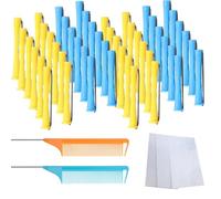 Lot de 48 bigoudis permanents - Petits bigoudis permanents - Kit complet de 1,9 cm - Barrettes perm Rods avec piquet en acier - Peigne pour cheveux longs et courts - Bleu/jaune