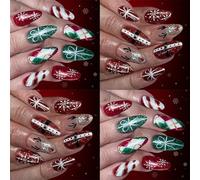 Lot de 48 faux ongles à paillettes sur le thème de Noël - Motif à carreaux rouges et verts - Application facile - Bonhomme de neige vert