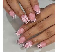 Lot de 48 faux ongles carrés, avec pointe française et nœud en 3D, motif à pois brillants, faciles à presser, pour les fêtes et la vie quotidienne