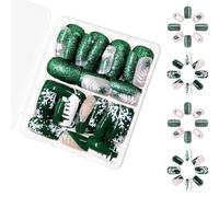 Lot de 48 faux ongles carrés courts à coller avec motifs flocons de neige Vert