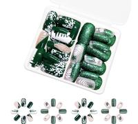 Lot de 48 faux ongles de Noël verts à presser avec flocons de neige artificiels carrés