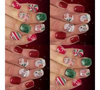 Lot de 48 faux ongles festifs à coller - Forme carrée courte - Rouge et vert - Conseils français pour Noël, événements de famille, fêtes de famille - Rouge et vert