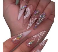 Lot de 48 faux ongles longs à presser avec nœud à paillettes avec colle, couverture complète réutilisable, en forme d'amande, faux ongles de luxe pour femmes (48 pièces BZ1579, colle)