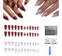 Lot de 48 faux ongles press on nails à coller - Courts - En forme d'amande française - Avec kit d'outils de manucure - En gel doux - Pour femme - Convient pour un usage quotidien (rouge 1)