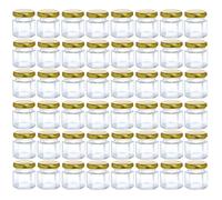 Lot de 48 mini bocaux hexagonaux en verre de 45 ml avec couvercle hermétique en métal doré pour conserves, cornichons, confiture, miel, épices, herbes, loisirs créatifs, cadeaux de mariage, récipients