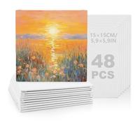 Lot de 48 Mini Panneaux de Toile à Peindre 15x15 cm, Toile en Coton avec Enduction Sans Acide, Panneaux Carrés pour Peinture Acrylique, Huile & Gouache, Adapté pour Enfants, Débutants & Ateliers d'Art
