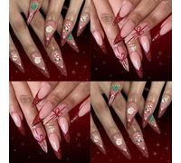 Lot de 48 ongles à presser en ABS Rouge vin de Noël Paillettes françaises Design flocon de neige Durabilité Faux pour femmes, fêtes, événements, bonhomme de neige Paillettes longue durée