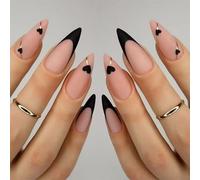 Lot de 48 ongles adhésifs en forme d'amande avec pointes françaises et motifs cœurs mats à presser pour femme