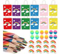 Lot de 48 petits cadeaux arc-en-ciel, 12 crayons arc-en-ciel, 12 sacs en papier arc-en-ciel, 12 gommes arc-en-ciel, 12 balles en caoutchouc multicolores, pour garçons et filles, cadeaux d'anniversaire