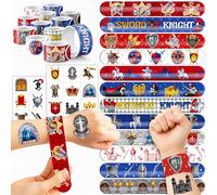 Lot de 48 tatouages temporaires chevalier médiéval - 24 bracelets Slap - Parfait pour un anniversaire à thème, une fête prénatale ou une récompense en classe - Décoration idéale et cadeaux pour filles
