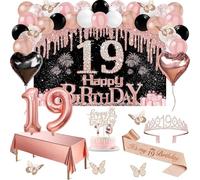 Lot de 49 décorations d'anniversaire pour fille de 19 ans - Bannière Black Rose Gold Black Happy 19th Birthday - Nappe - Décoration de papillon - Cravate et diadème - Décoration de gâteau - Arche de