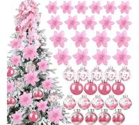 Lot de 49 décorations de Sapin de Noël Comprenant Un Sommet de Sapin de Noël, 24 Fleurs de Noël à Paillettes, 3 Tailles, 24 Boules de Noël de 5 cm pour décorations de fête (Rose)