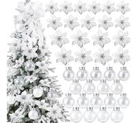 Lot de 49 décorations de Sapin de Noël Comprenant Un Sommet de Sapin de Noël, 24 Fleurs de Noël à Paillettes de 3 Tailles, 24 Boules de Noël de 5 cm pour décorations de fête (argenté)