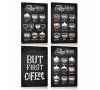 LOT DE 4PCS - TAILLE A4 - Plaque Metal Vintage Cuisine Coffee Cafe Bar - Coffee Menu Affiche Poster Decoration Murale Accessoire - Kaffee Pancarte Pour la Restaurant Kitchen Salle à Manger