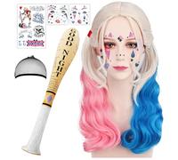 Lot de 5 Accessoire Déguisement Reine du Clown avec Autocollants de Tatouage, Perruque Bleue et Rose, Batte de Baseball Gonflable pour Les Fêtes, Carnaval, Halloween Cosplay (B)