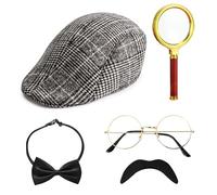 Lot de 5 accessoires de costume de détective Sherlock Holmes avec chapeau de détective, lunettes, fausse moustache, loupe, nœud papillon - Accessoires de cosplay pour carnaval, cosplay, fête (gris