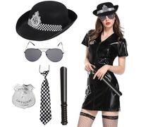 Lot de 5 accessoires de costume de police pour femme - Tenue d'officier avec chapeau, badge, cravate, lunettes noires, bâton pour jeu de rôle FBI, cosplay, fête