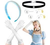 Lot de 5 accessoires de costume de princesse bleue - Costume de Cendrillon pour fille avec bandeau, collier, gants, boucles d'oreilles et clips d'oreilles - Costume de Cendrillon pour femme - Costume