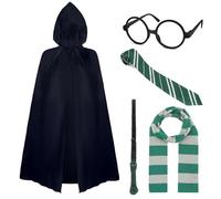 Lot de 5 accessoires de costume de sorcier pour adulte avec cape noire à capuche, baguette magique, écharpe, cravate, lunettes, pour la journée mondiale du livre, Halloween, cosplay, pour hommes et
