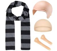 Lot de 5 accessoires de costume d'Halloween pour homme adulte, écharpe rayée noire et grise, faux nez en latex, perruque chauve, bonnet de cosplay, personnages classiques, ensemble de fête d'Halloween