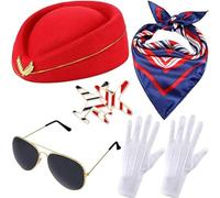 Lot de 5 accessoires de costume d'hôtesse de l'air pour femme, chapeau de vol, lunettes de soleil, écharpe, gants, broches (rouge), Rouge, M