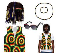 Lot de 5 accessoires de costume jamaïcain gilet tie-dye, lunettes de soleil, perruque, chapeau, collier pour homme et femme fête, cosplay, Halloween