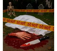 Lot de 5 accessoires de décoration d'Halloween avec faux couteau, faux sang, ruban d'avertissement, fausse main sanglante et nappe blanche, décorations de fête pour maison hantée