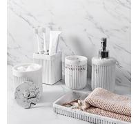 Lot de 5 accessoires de salle de bain en résine marbrée blanche, distributeur de savon, porte-brosse à dents, gobelet de salle de bain, support Qtip et plateau de coiffeuse, ensemble de rangement pour
