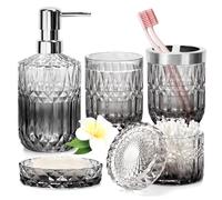 Lot de 5 Accessoires de Salle de Bain en Verre avec Distributeur de Savon, Porte-Savon, Porte-Brosse à Dents, bidon de Coton-Tige, gobelet, kit de décoration de Salle de Bain